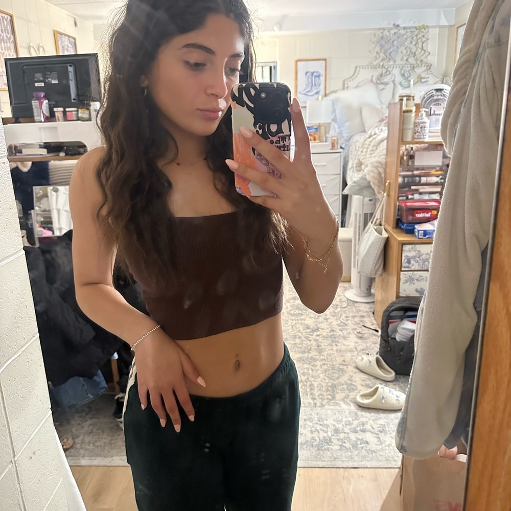 Brown Ribbed Crop Top